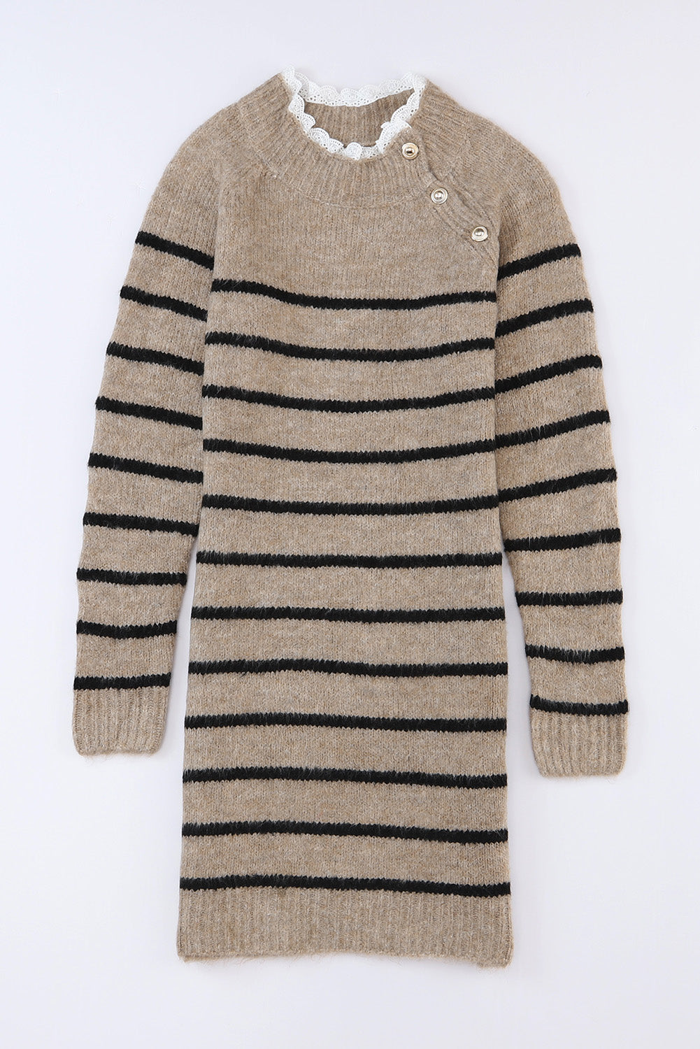 Striped Print Lace Neck Asymmetric Buttons Sweater Dress