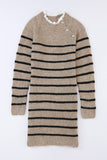 Striped Print Lace Neck Asymmetric Buttons Sweater Dress