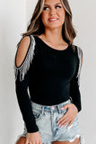 Rhinestone Fringed Cold Shoulder Long Sleeve Bodysuit