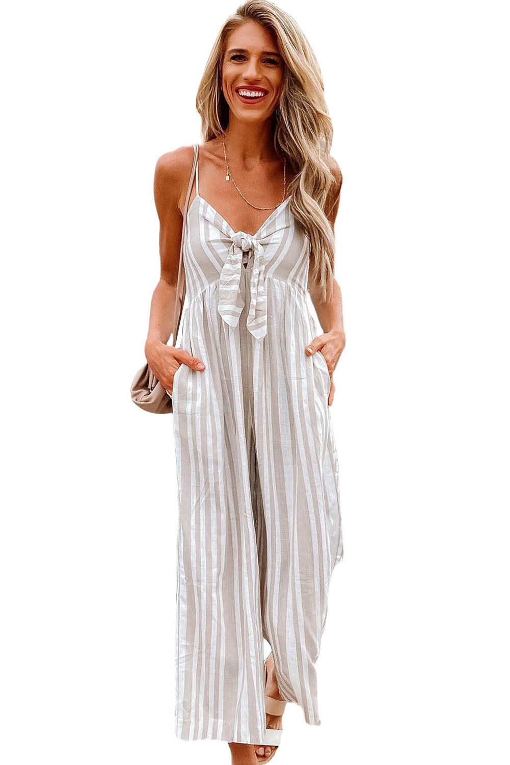 Front Knotted Striped Cropped Jumpsuit