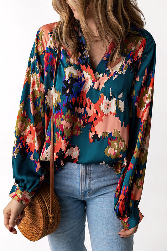 Green Graffiti Printed V Neck Puff Sleeve Blouse