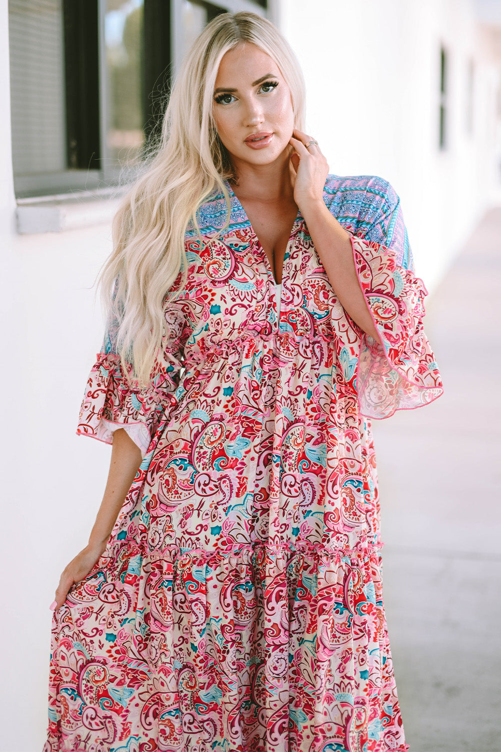 Boho Floral Paisley Print Tassel Tie V Neck Maxi Dress