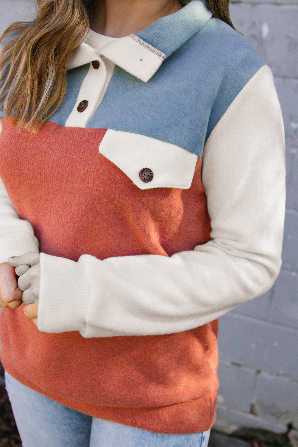 Buttoned Color Block Long Sleeve Top