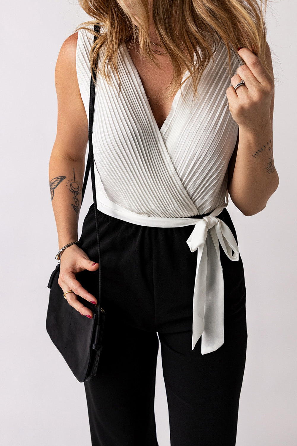 Pleated V Neck Sleeveless Color Block Jumpsuit