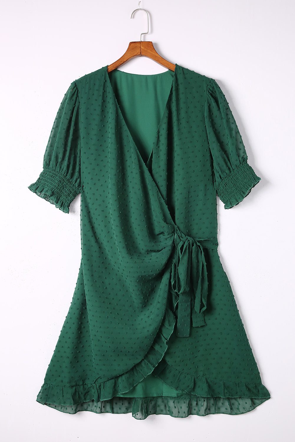 Robe portefeuille verte à manches bouffantes et pois suisses de grande taille 