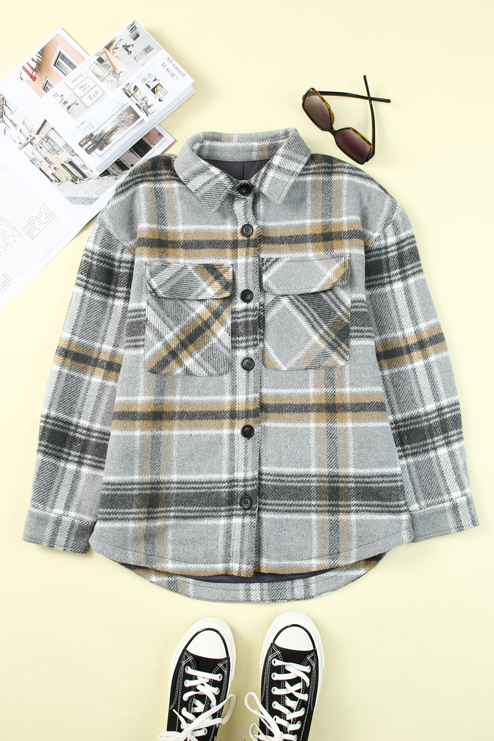 Plaid Print Pocketed Shirt Jacket