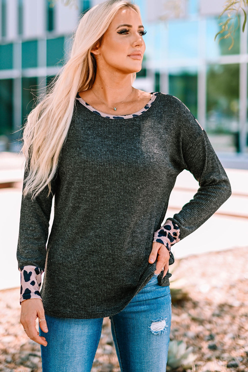 Leopard Contrast Trim Knit Top