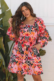 Pink Bohemian Square Neck Puff Sleeve Mini Dress