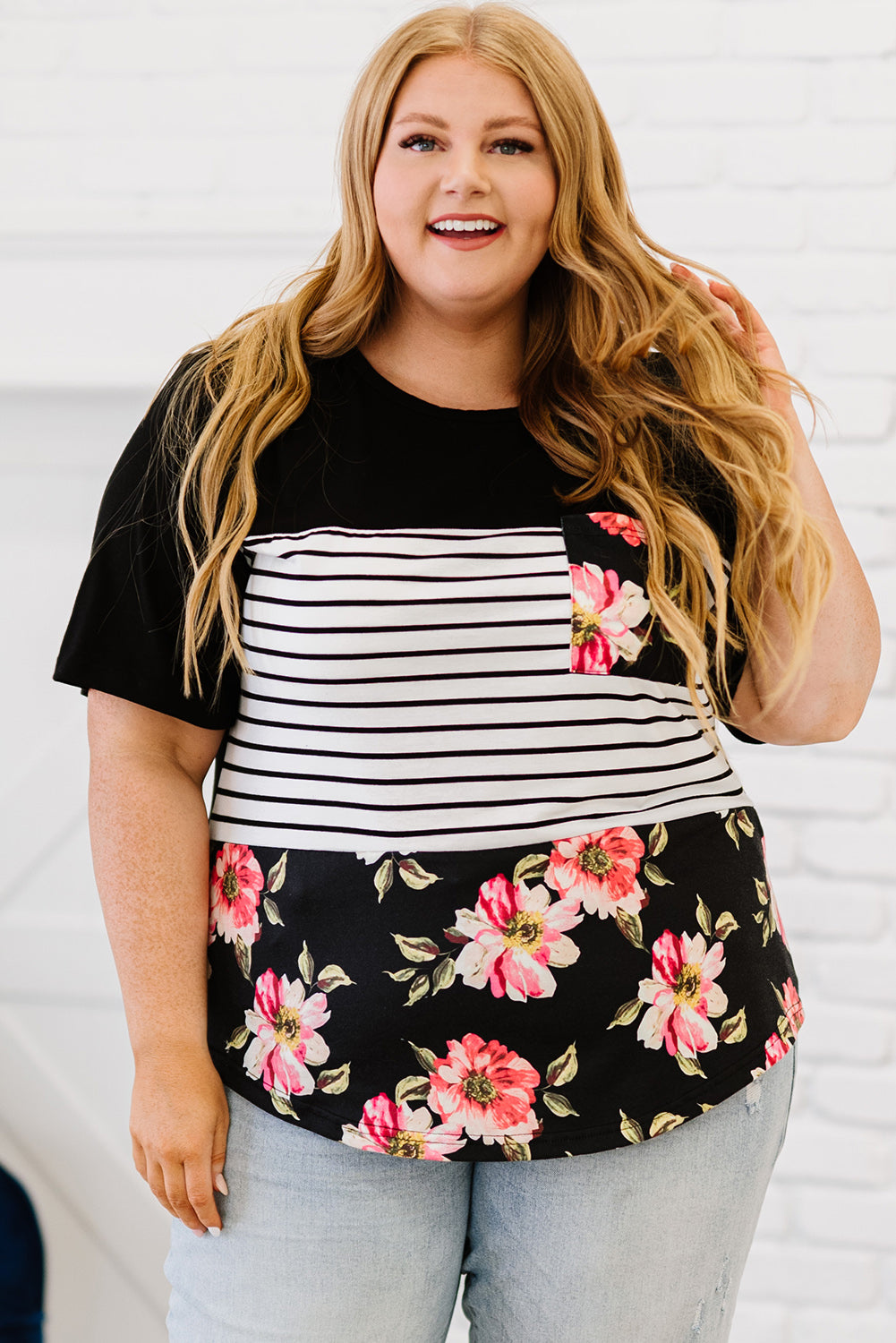 Plus Size Splicing Block Stripe Floral Short Sleeve Top