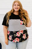 Plus Size Splicing Block Stripe Floral Short Sleeve Top