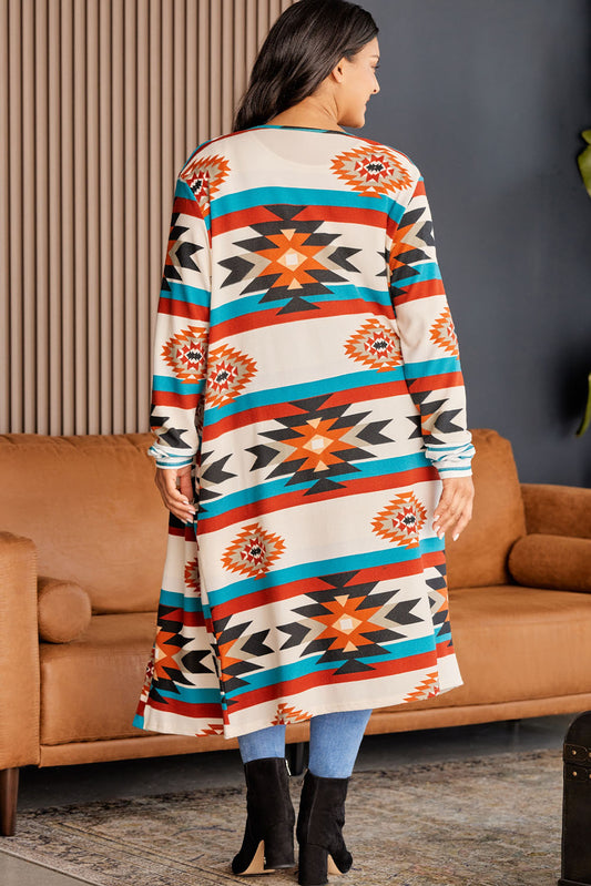 Plus Size Geometric Print Open Front Long Cardigan