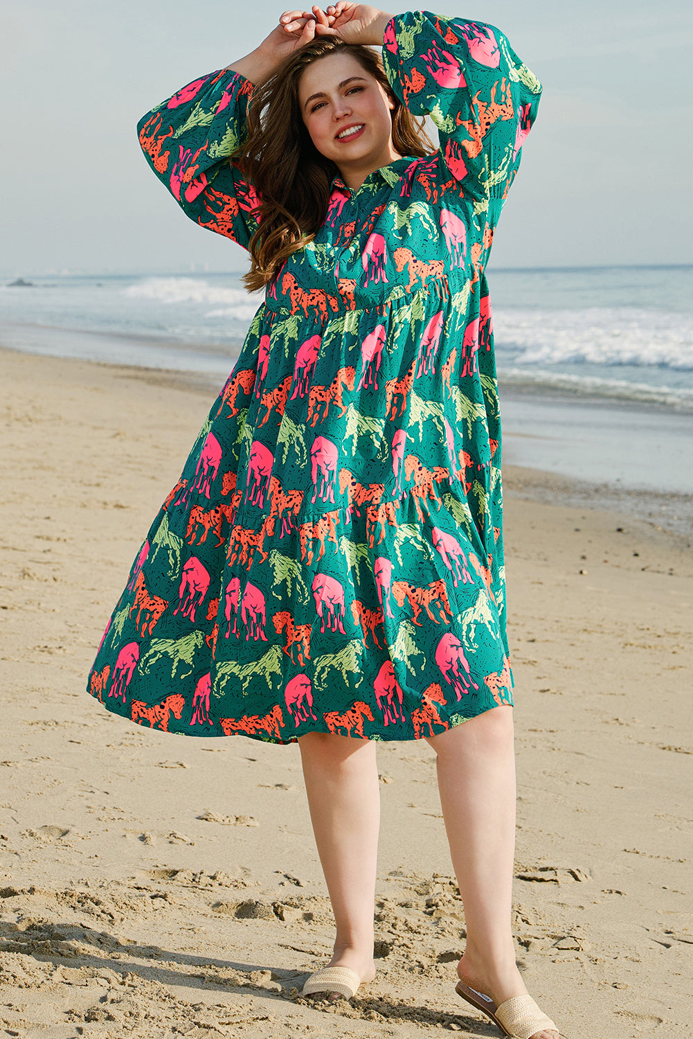 Green Horse Printed Long Sleeve Collared Buttoned Plus Size Midi Dress