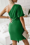 Asymmetric Bubble Sleeve Twist Knot Wrap Dress