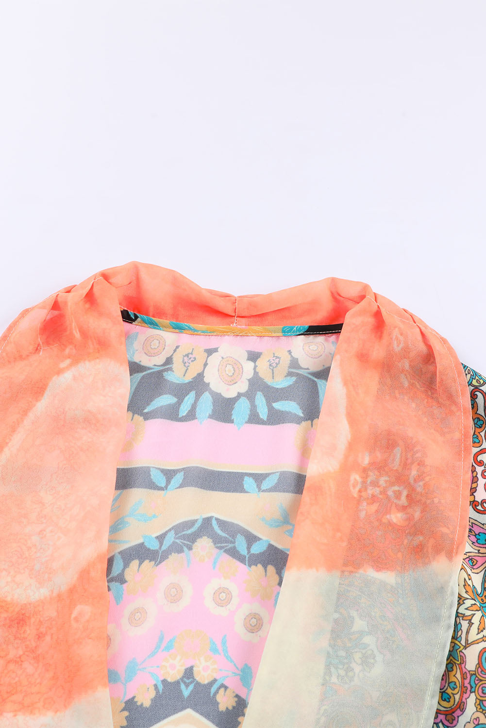 Bohemian Patchwork Print Drawstring Puff Sleeve Kimono