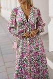 Floral Print Deep V Neck Ruched Cinched Waist Maxi Dress