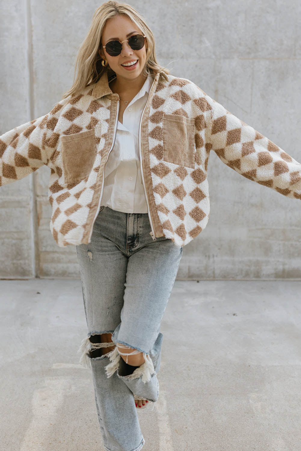 Veste Sherpa en velours côtelé à motif géométrique et poches plaquées abricot