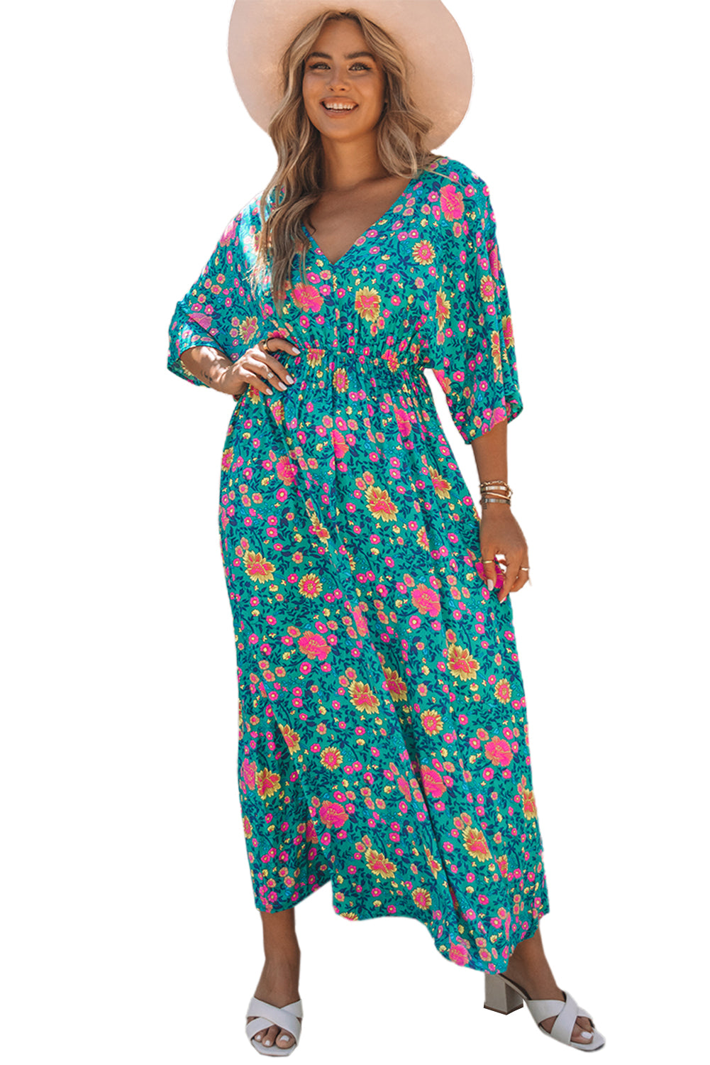 Robe longue florale style Boho vert à col en V profond