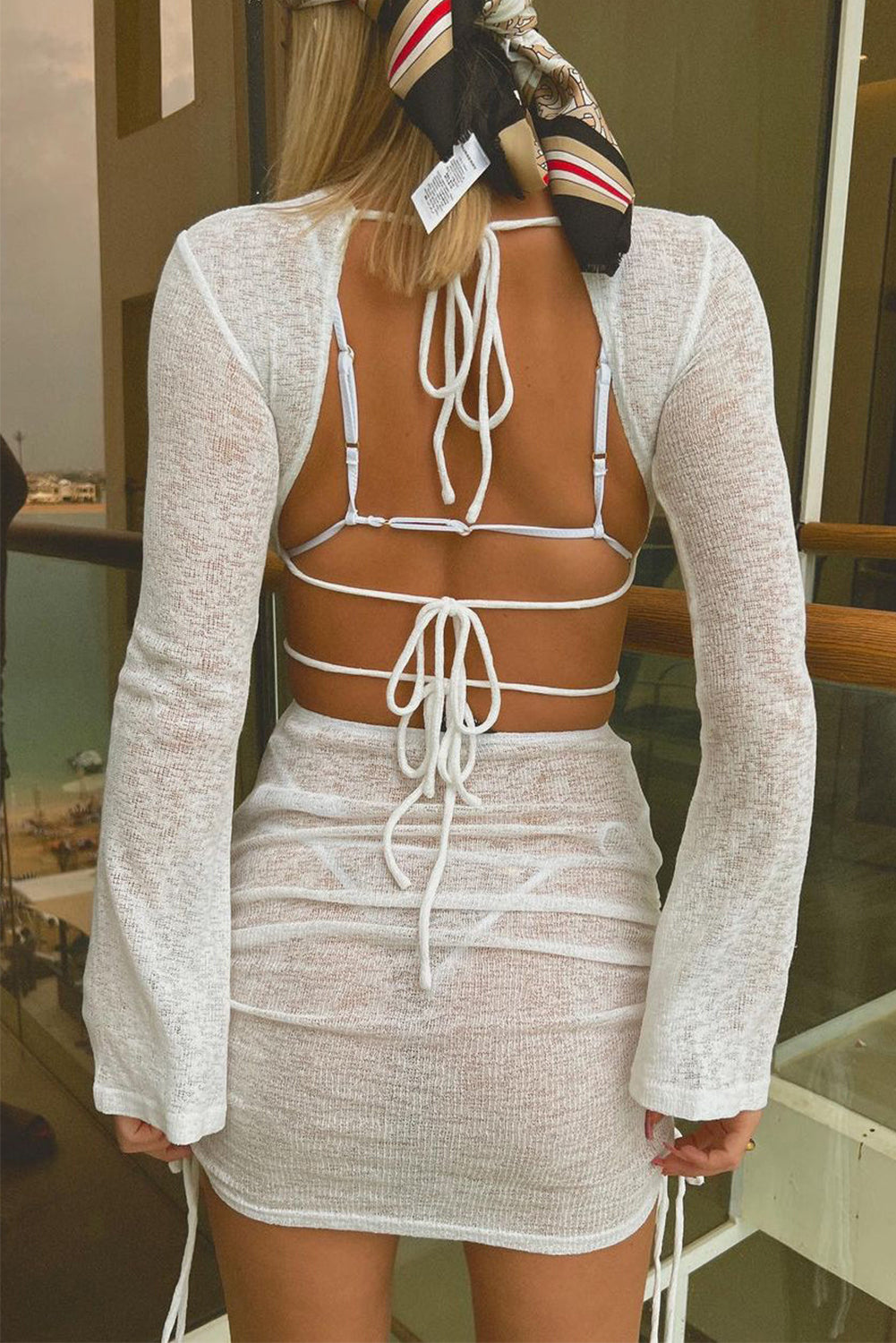 Strappy Tie Back Cutout Sheer Knit Bell Sleeve Cover Up