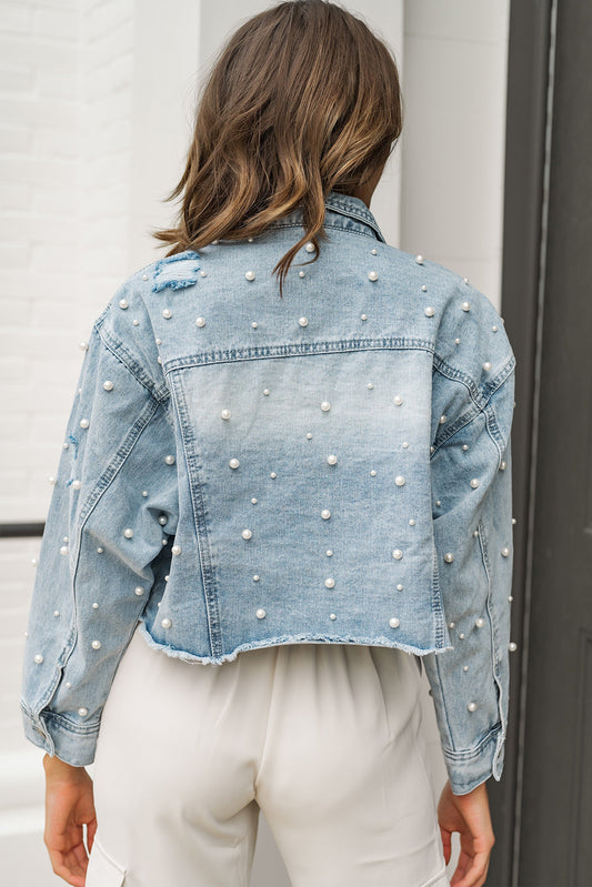 Pearls Beading Cropped Denim Jacket