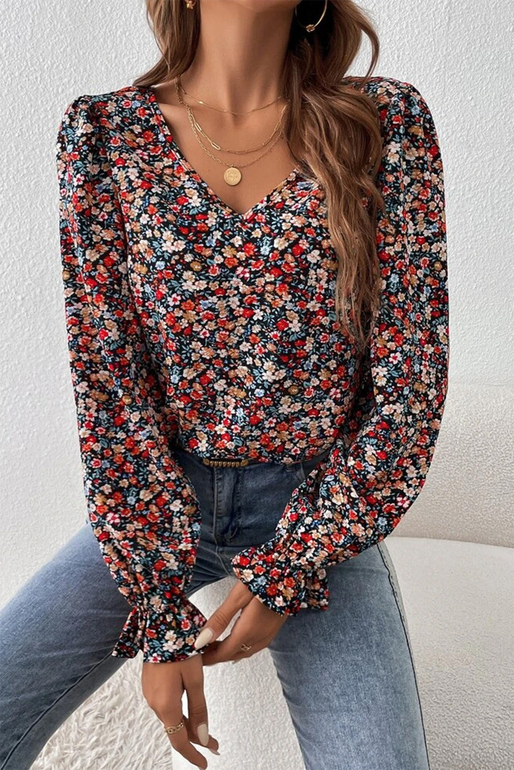 V Cut Lace Patch Tie-up Ruffled Puff Sleeve Floral Blouse