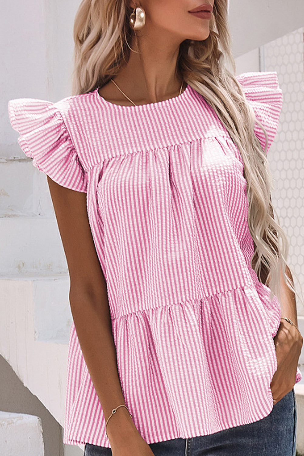 Striped Print Flutter Sleeve Gathered Top