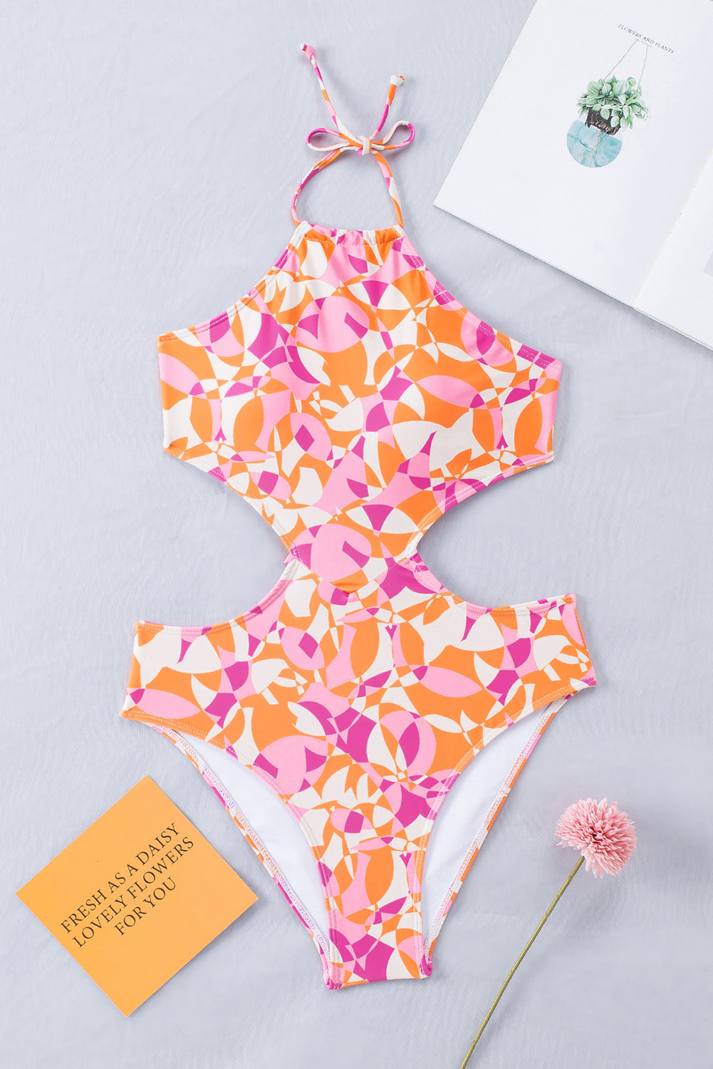 Abstract Print Halter Hollow-Out Back Tie One-Piece Swimsuit