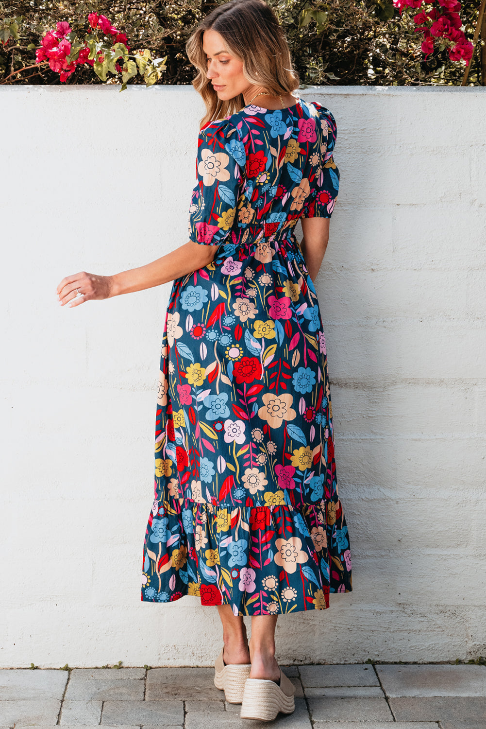 Black Retro Floral Printed Split Neck Maxi Dress