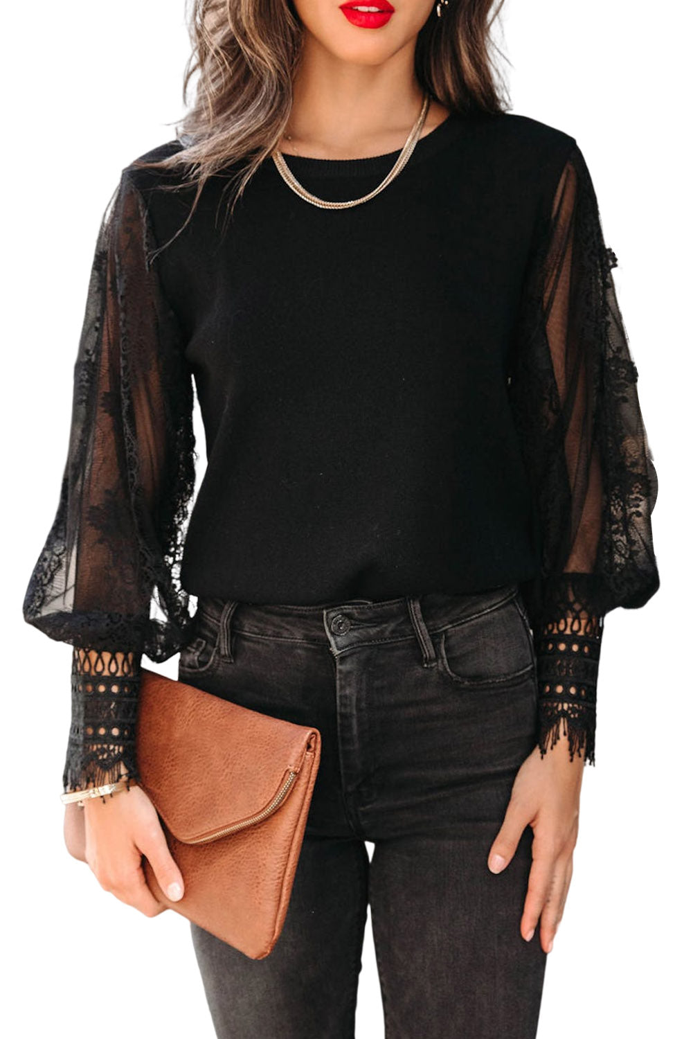 Sheer Lace Mesh Bishop Sleeve Top