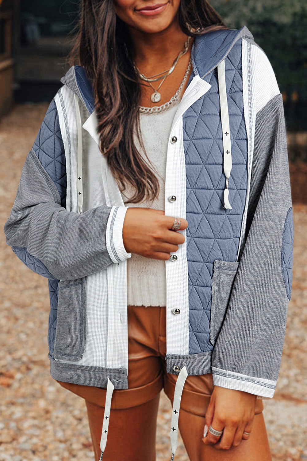 Light Blue Quilted Textured Patchwork Loose Fit Hooded Jacket