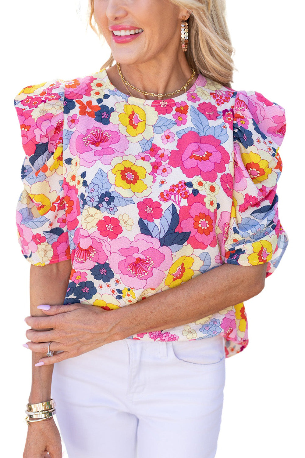 Blouse florale froncée à manches bouffantes