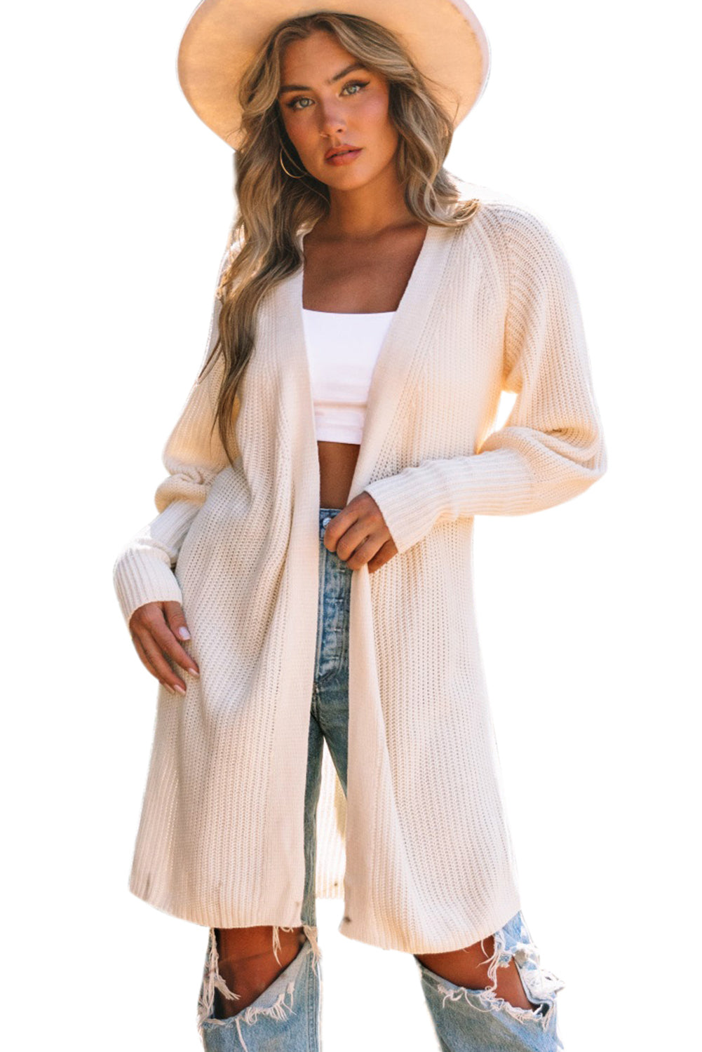 Solid Color Open Front Cardigan with Tie