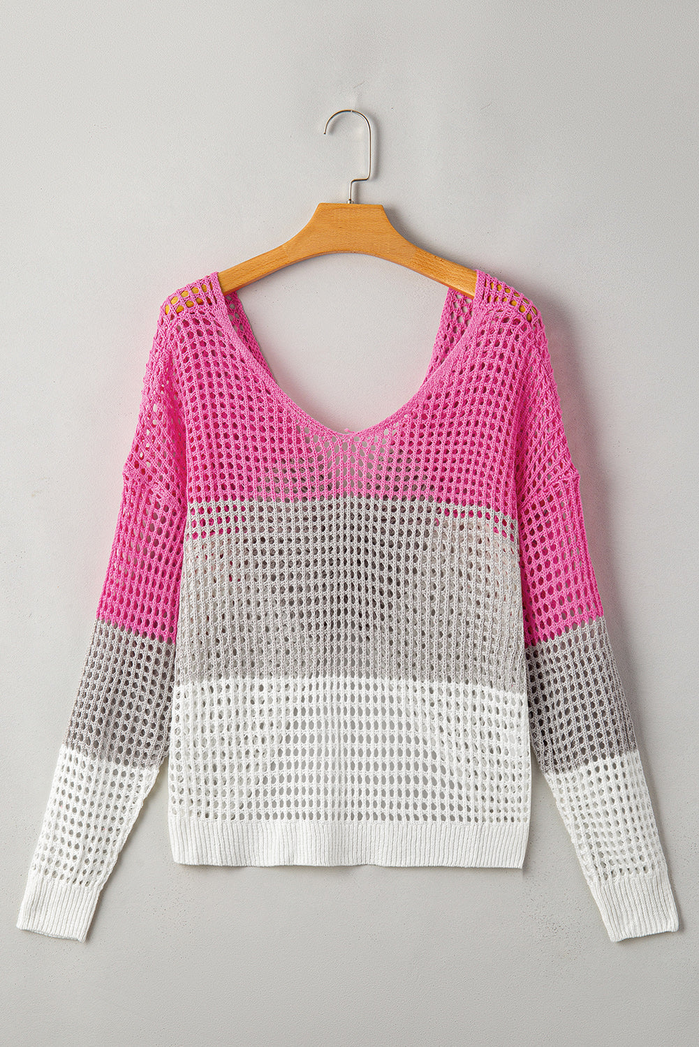 Color Block Eyelet Long Sleeve Twisted Back Knit Top