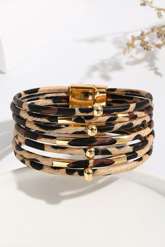 Multi-layer Leopard Beaded Magnet Buckle Bracelet