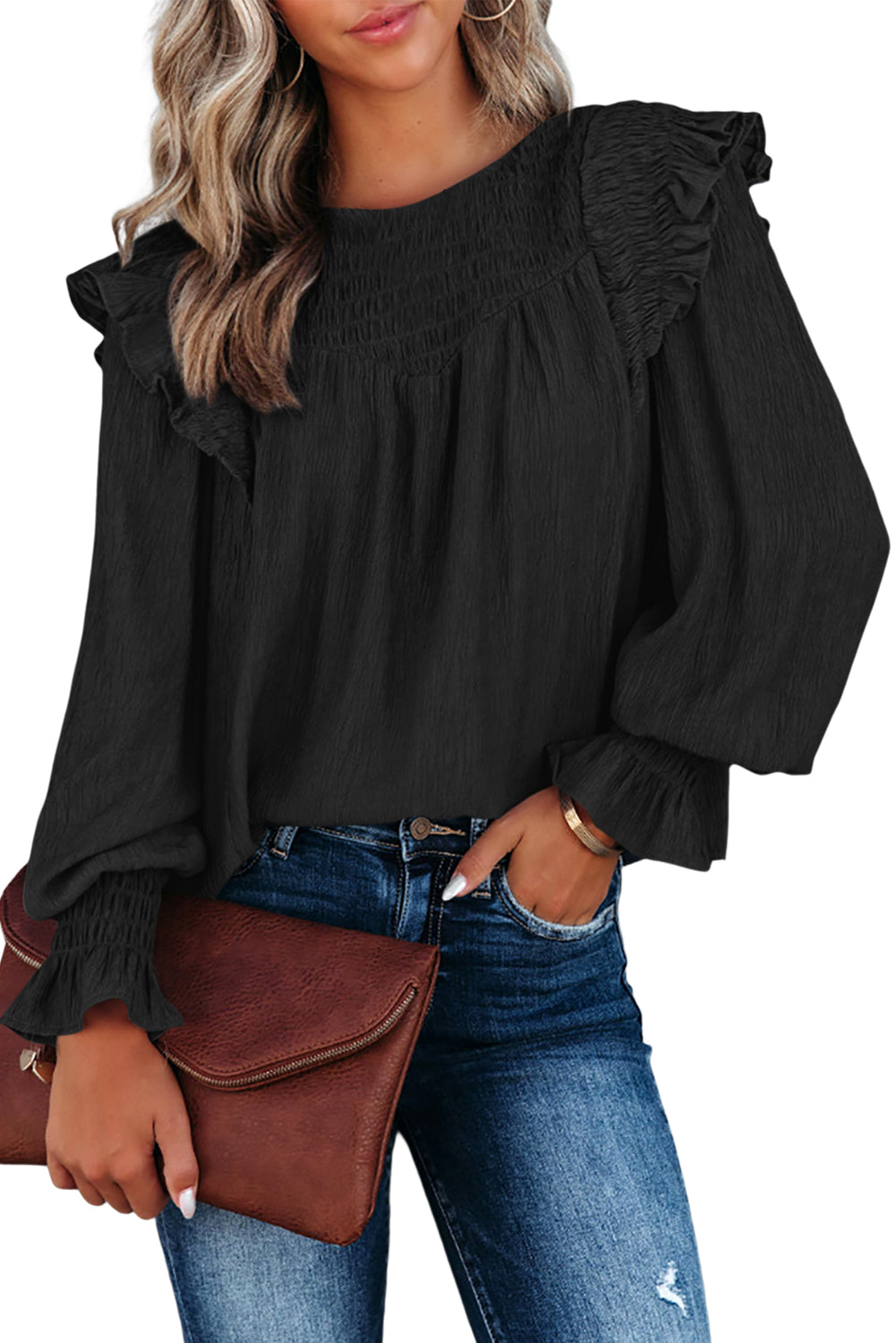 Black Crinkle Ruffle Trim Keyhole Puff Sleeve Blouse