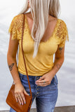 Lace Crochet Short Sleeve U Neck T Shirt