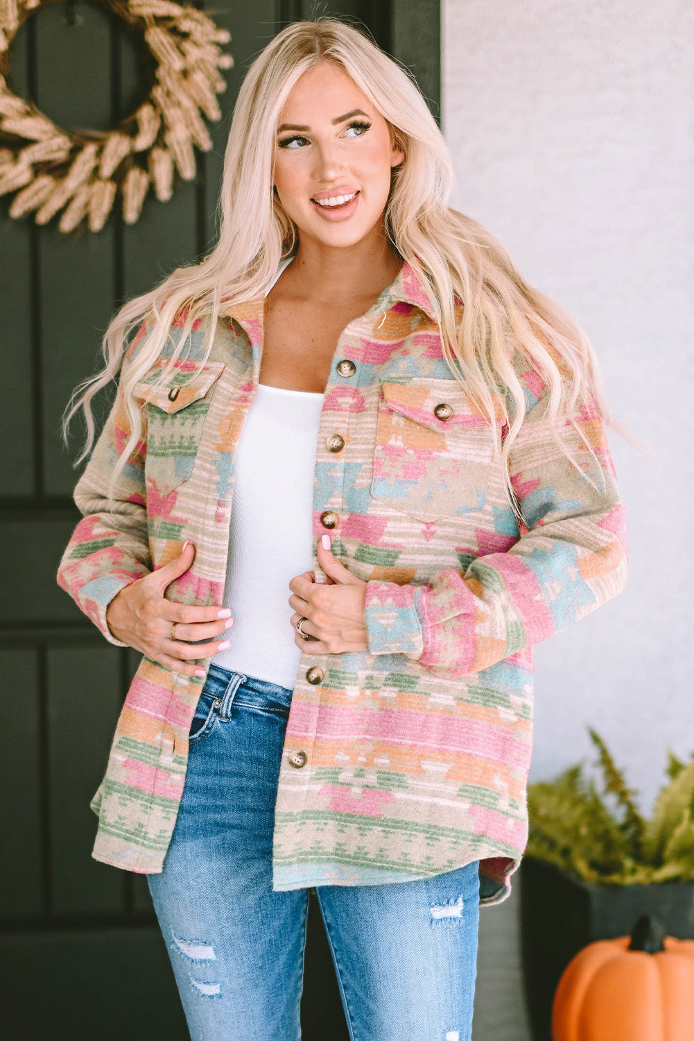 Multicolor Plus Size Flap Pockets Aztec Print Jacket