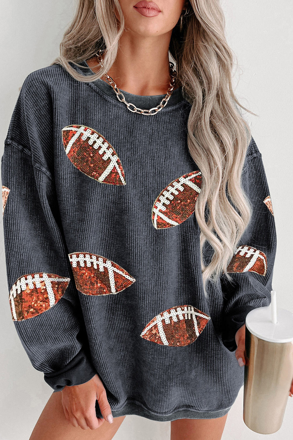 Black Sequined Rugby Graphic Open Back Sweatshirt