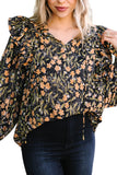 Plus Size Split Neck Ruffled Bubble Sleeve Floral Blouse