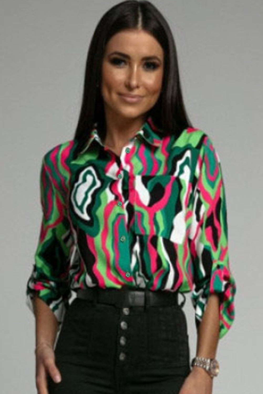 Abstract Print Roll-tab Sleeve Chest Pocket Shirt