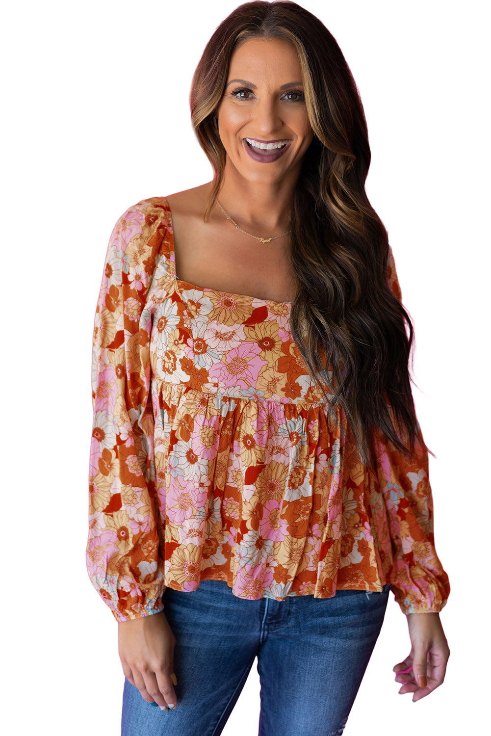 Floral Square Neck Puff Sleeve Babydoll Blouse