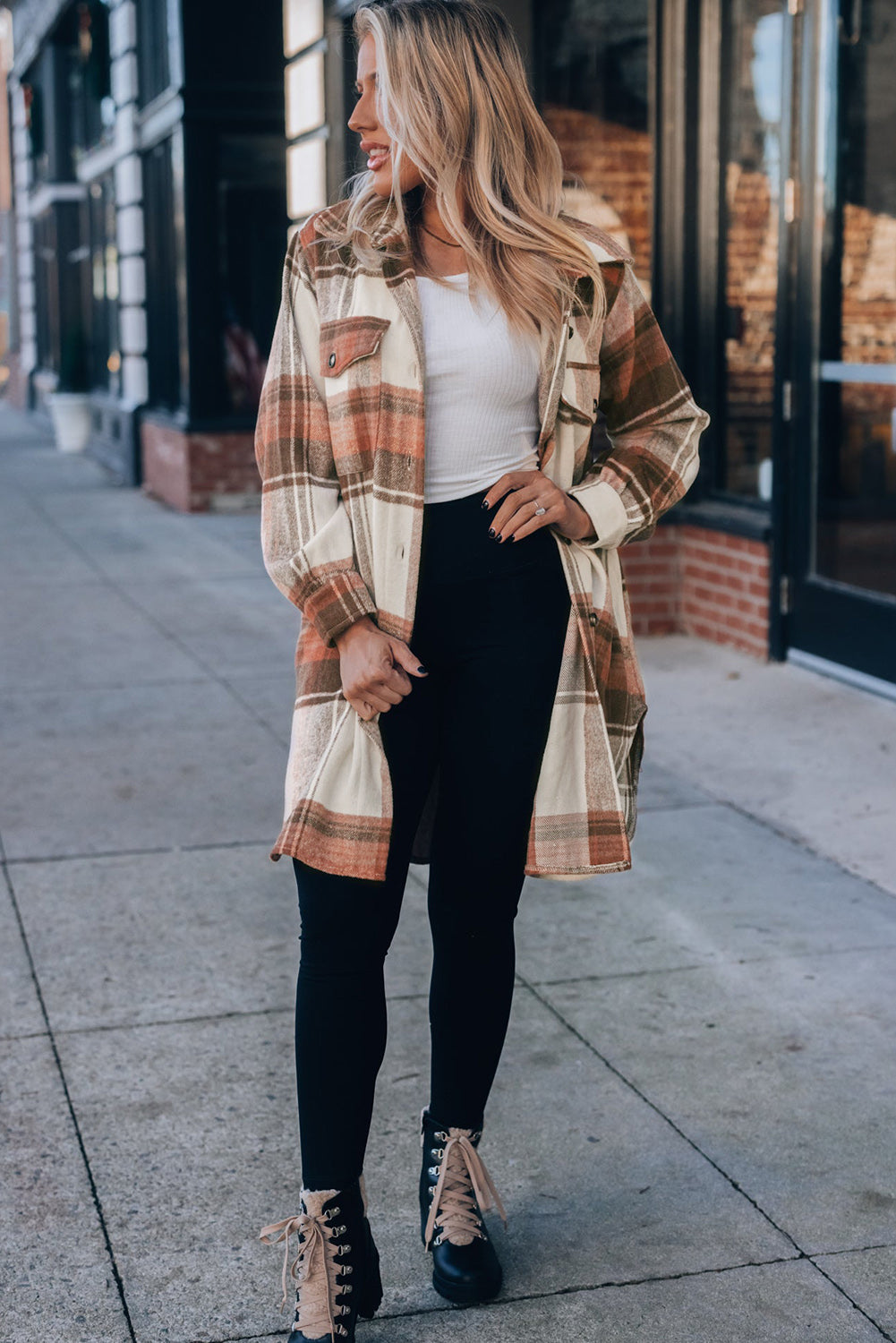 Brown Plus Size Plaid Flap Pockets Shacket