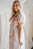 V Neck Short Sleeves Floral Print Maxi Dress