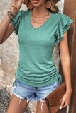 Ruffle Short Sleeves V Neck Drawstring Top