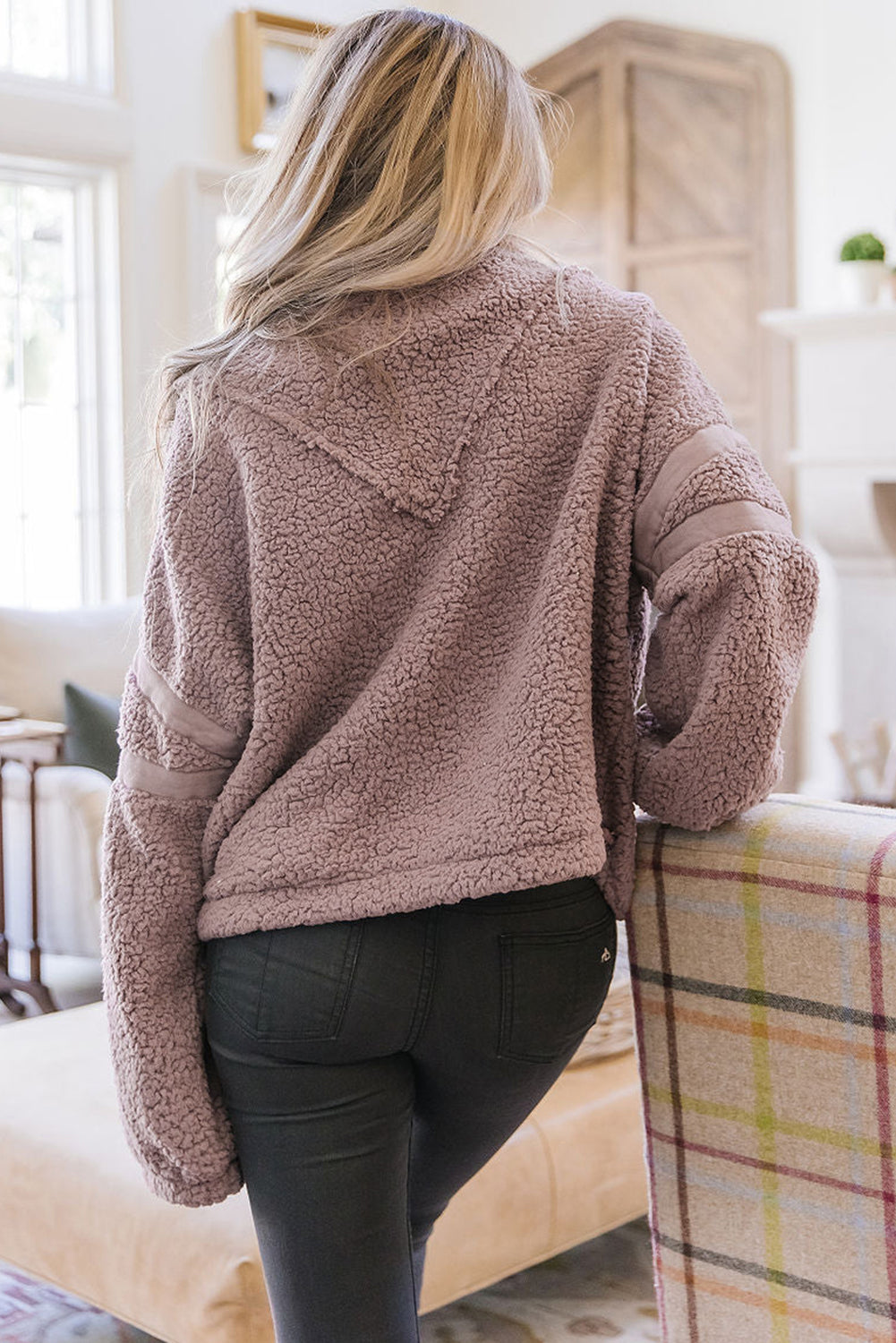 Dusty Pink Collared Neckline Half Zip Fluffy Pullover Sweatshirt