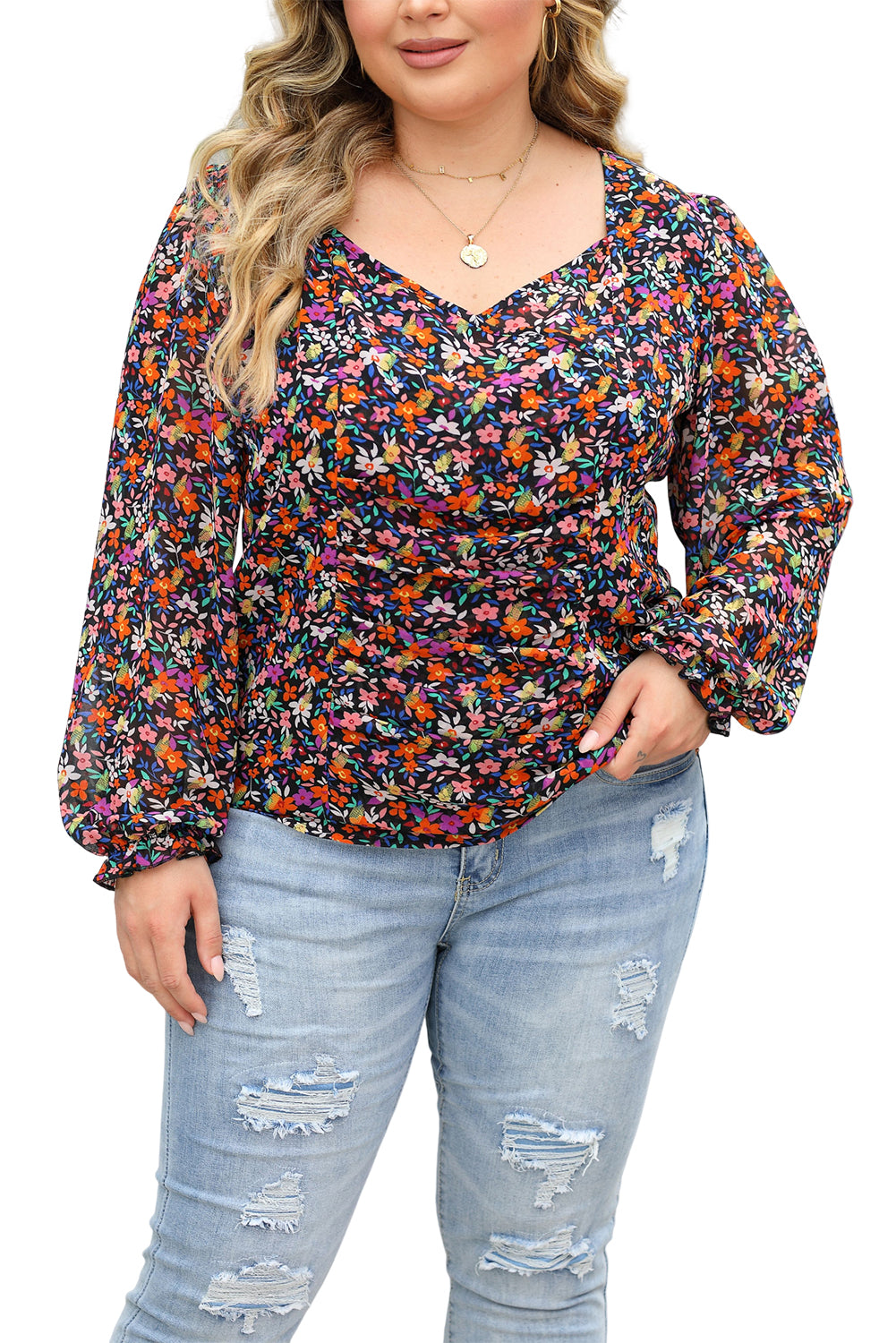 V Neck Bubble Sleeve Floral Blouse