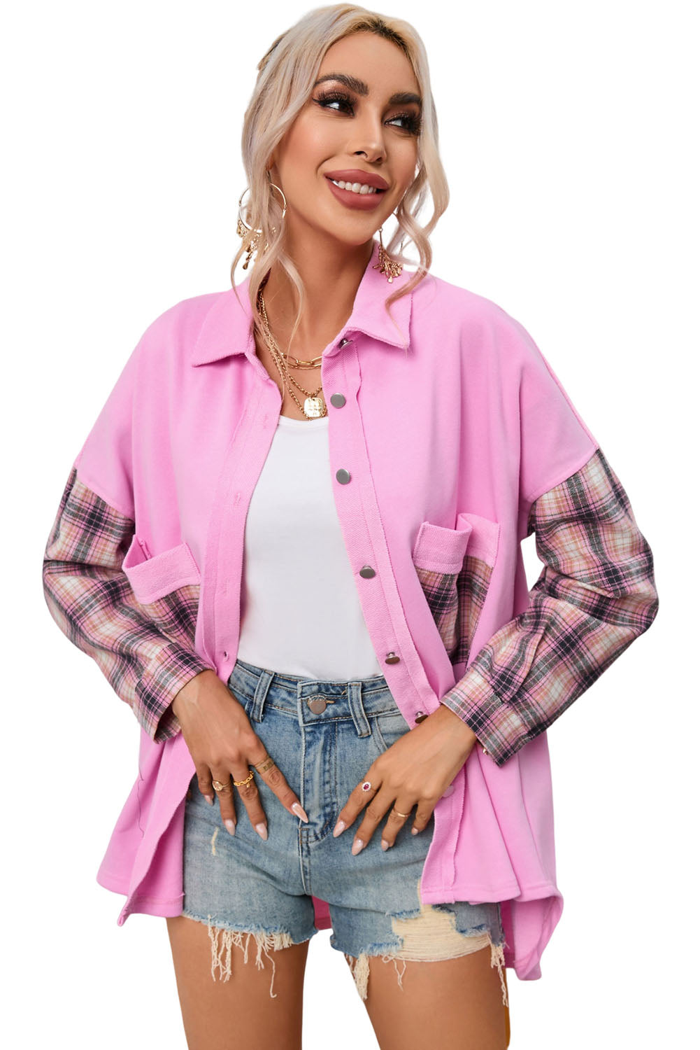 Plaid Patchwork Chest Pockets Oversized Shirt Jacket