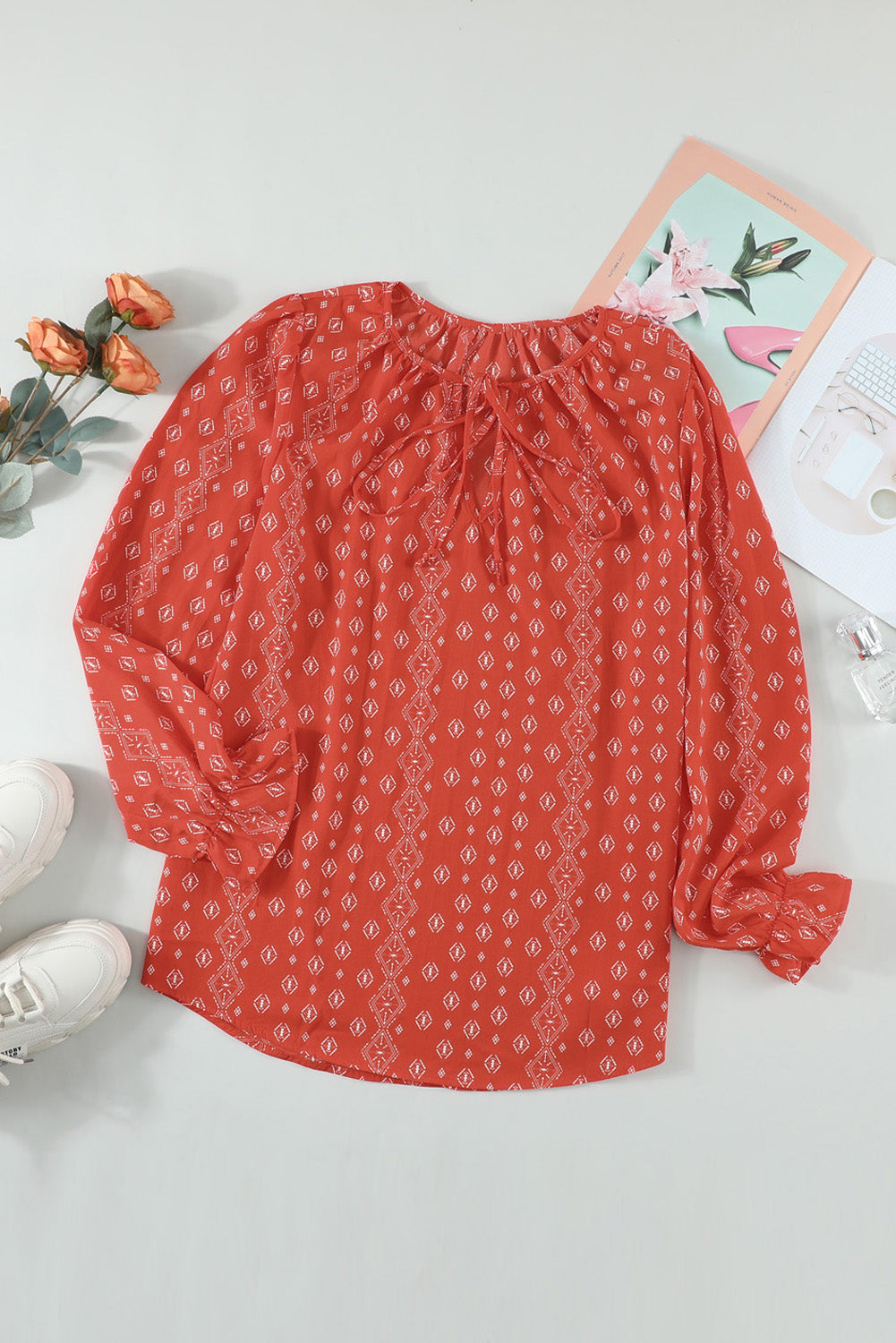 Red Printed Long Sleeve V-Neck Drawstring Shirt