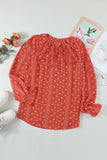 Red Printed Long Sleeve V-Neck Drawstring Shirt