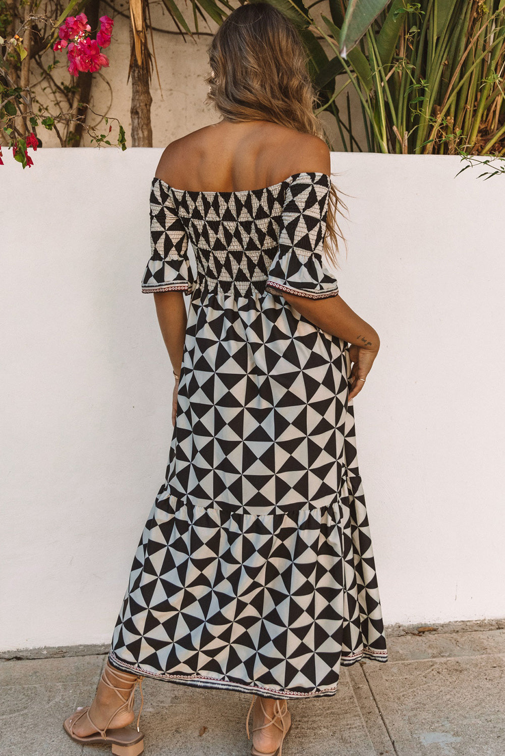 Printed Smocked Off Shoulder Ruffle Sleeve Maxi Dress