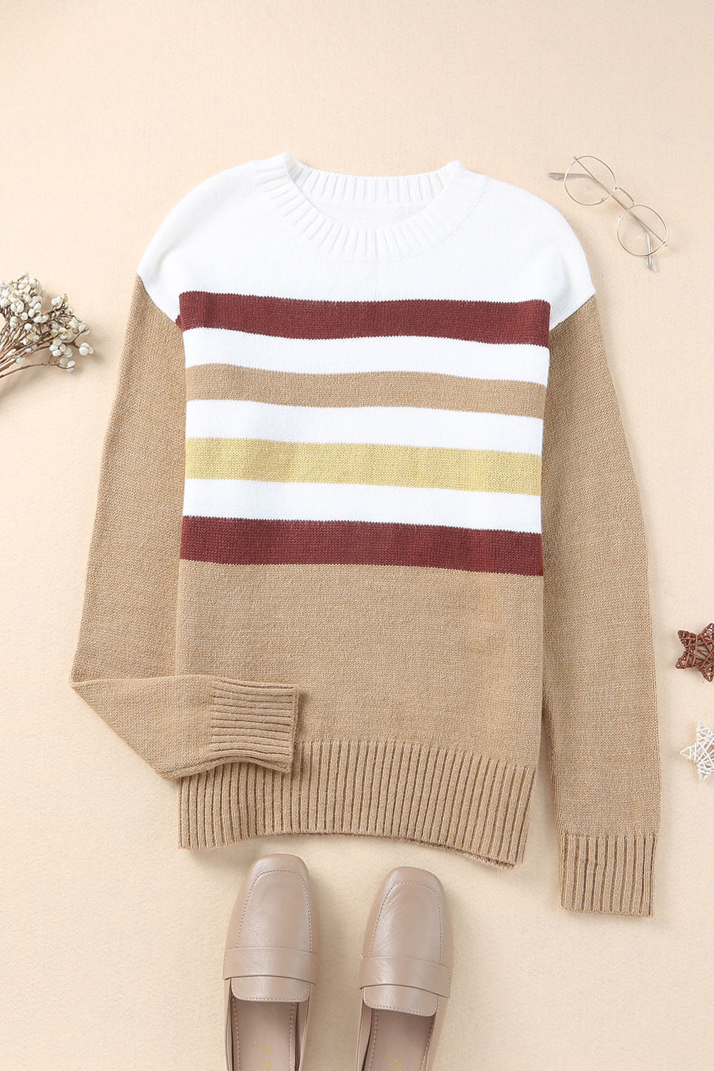 Crew Neck Striped Long Sleeve Sweater